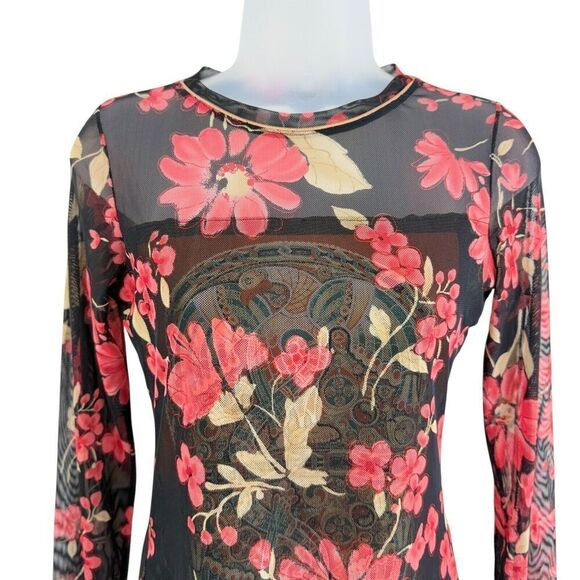 Anac by Kimi Size Medium Black Red Floral Sheer Top Artsy Fitted Romantic - Picture 5 of 9